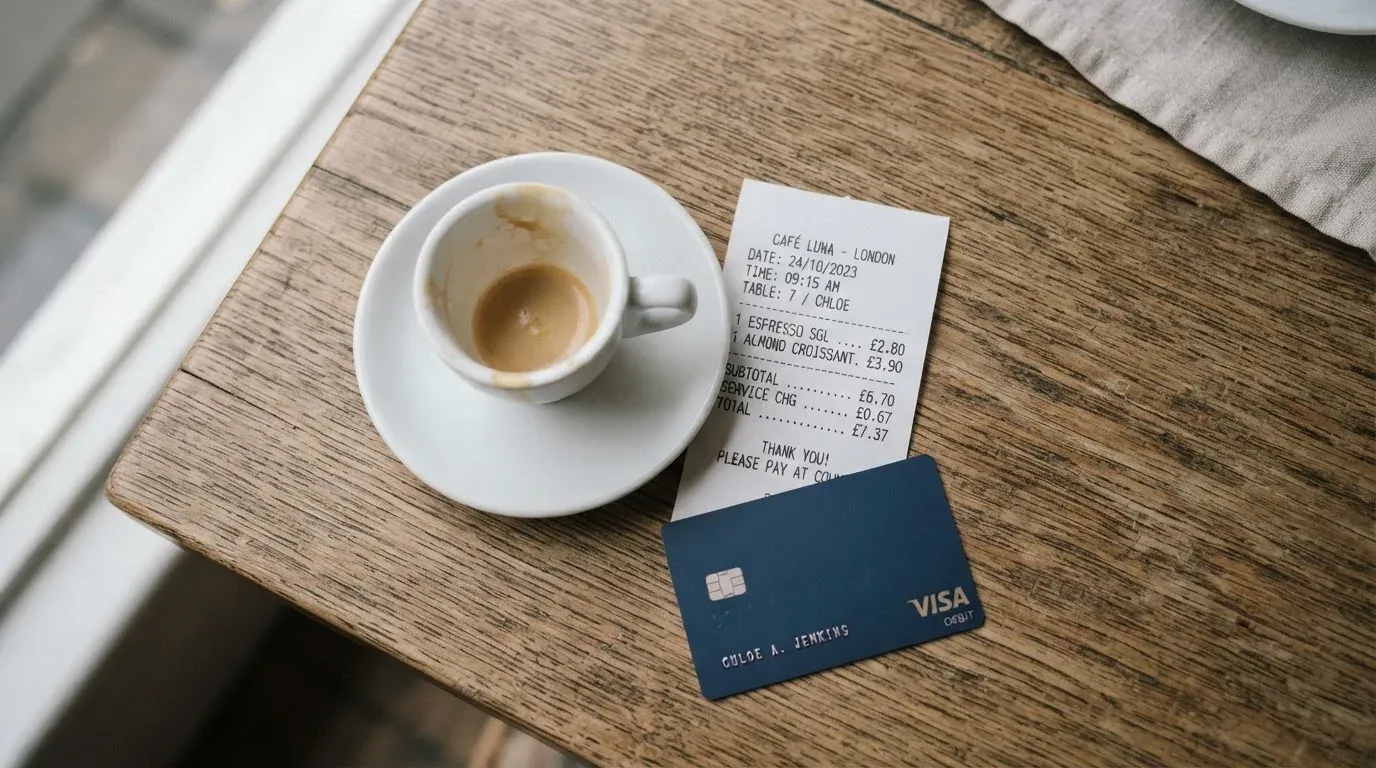 A receipt and a card on a café table