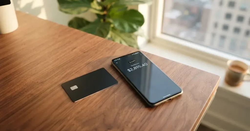 A payment card next to a phone with a crypto wallet app open