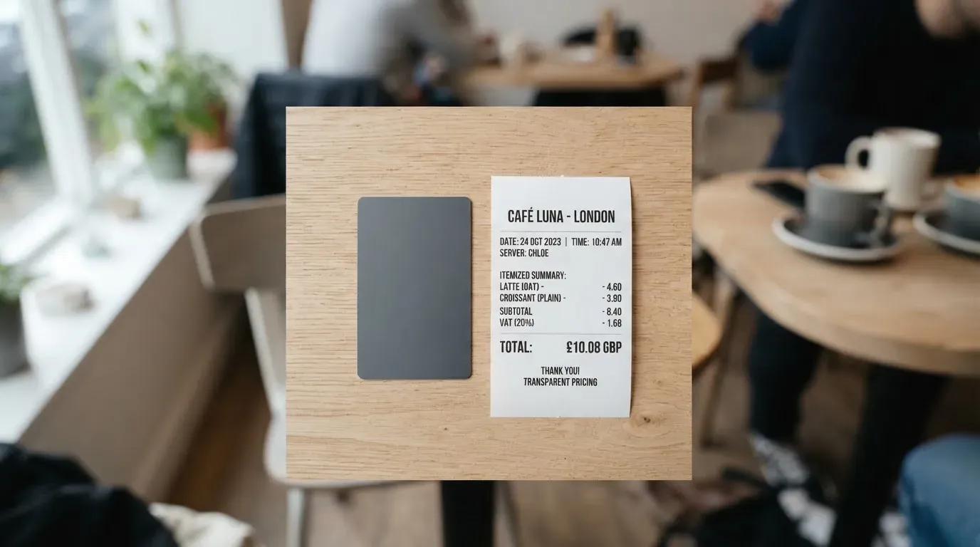 A receipt and a card on a café table