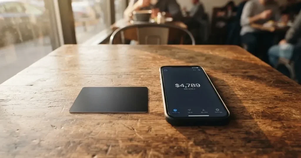 A payment card next to a phone with a crypto wallet app open