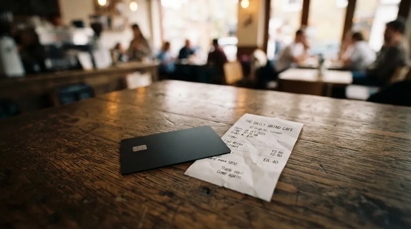 A receipt and a card on a café table