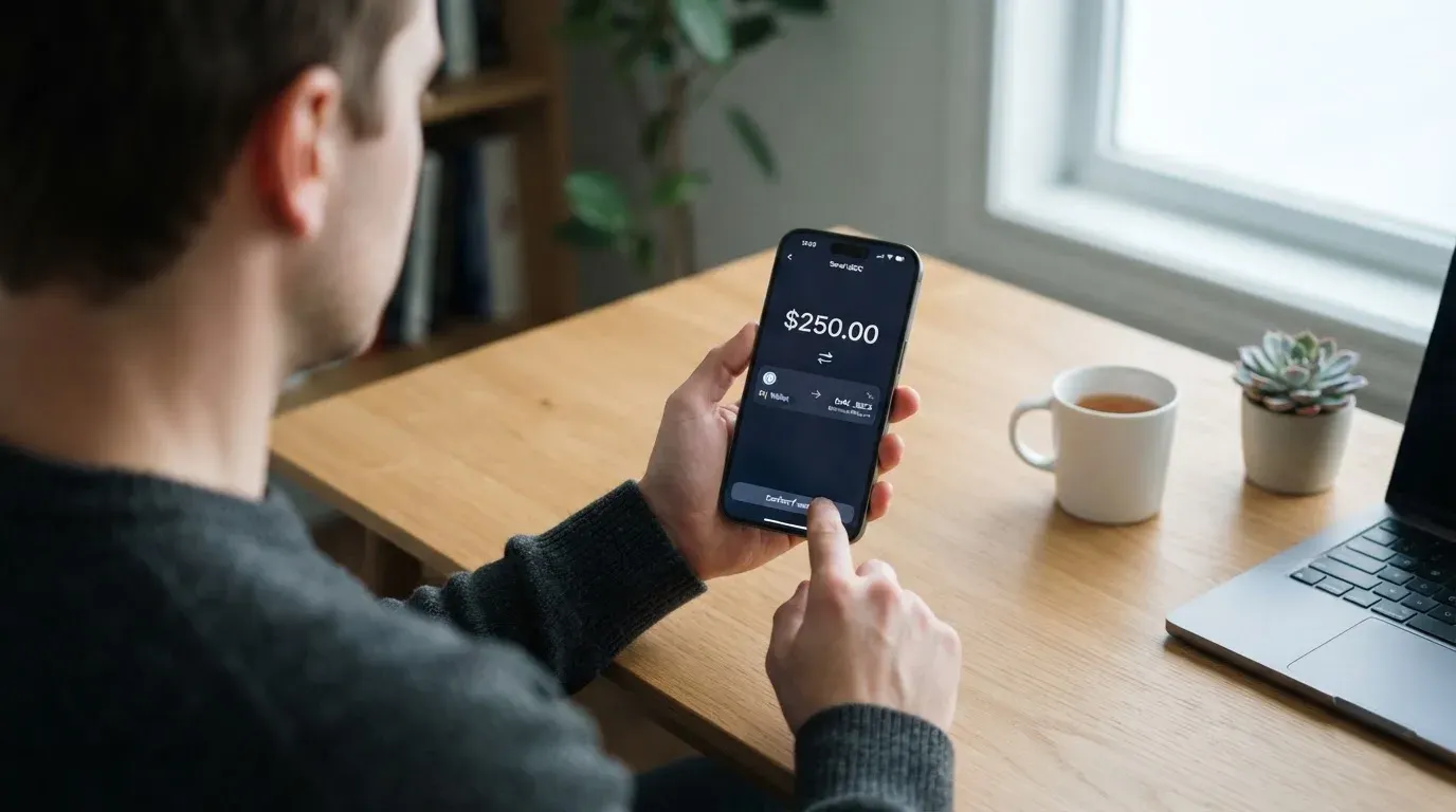 A phone showing a stablecoin transfer screen