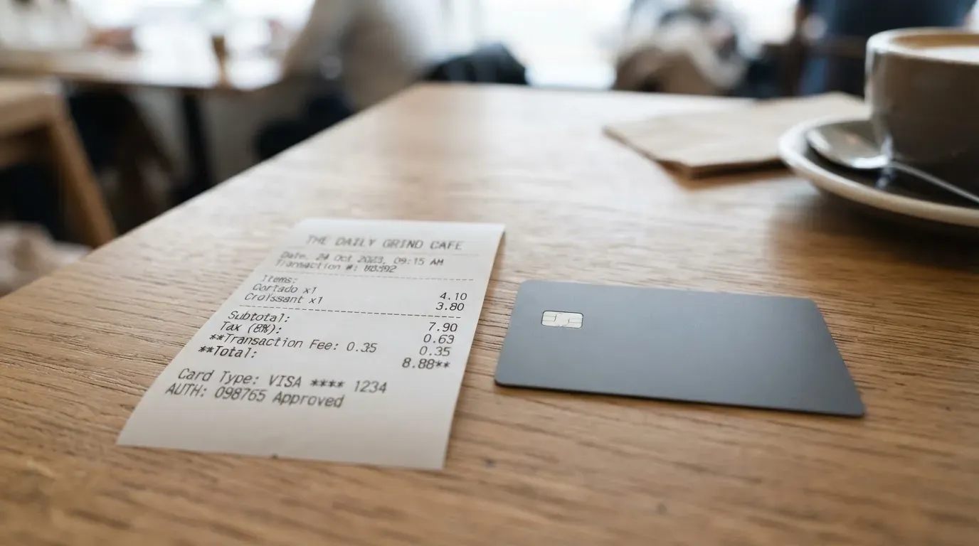 A receipt and a card on a café table