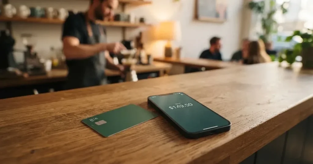 A payment card next to a phone with a crypto wallet app open