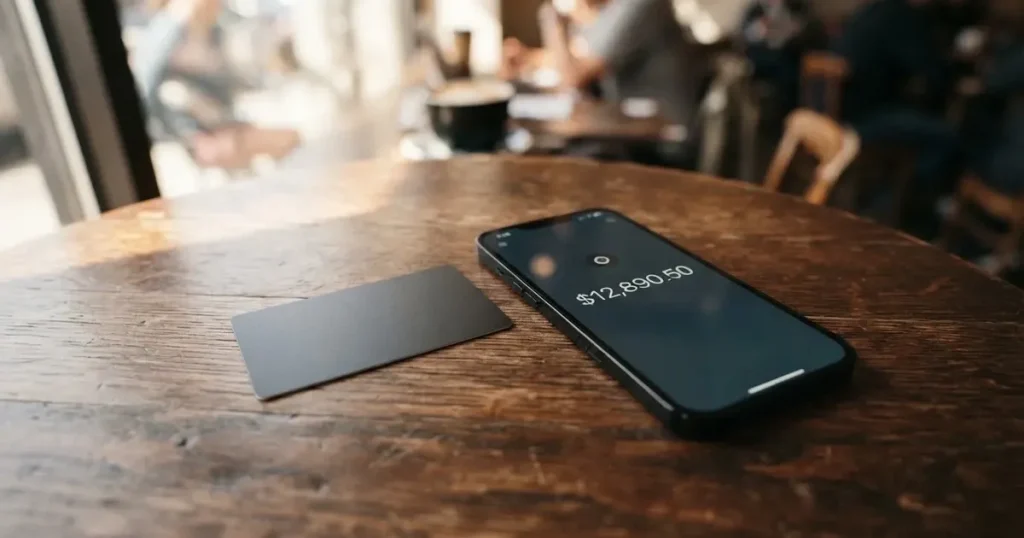 A payment card next to a phone with a crypto wallet app open