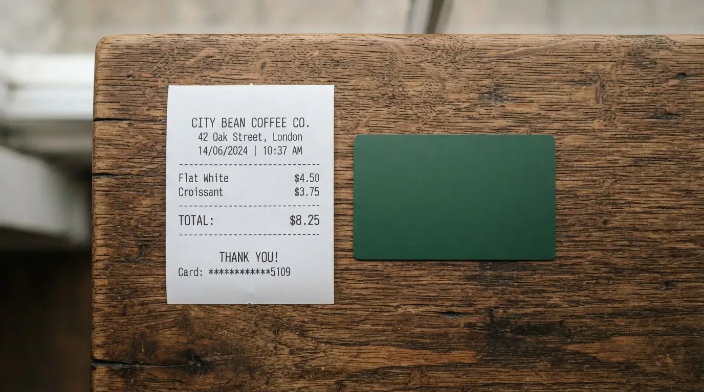 A receipt and a card on a café table