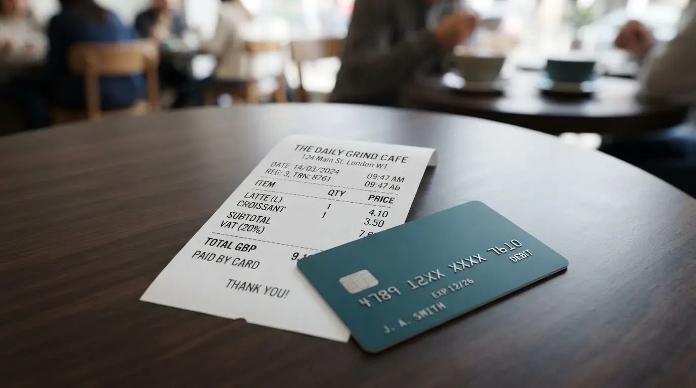 A receipt and a card on a café table