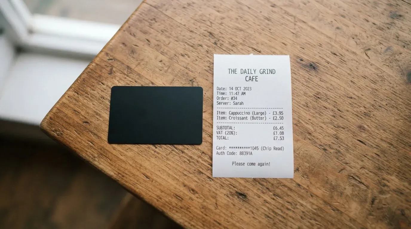A receipt and a card on a café table