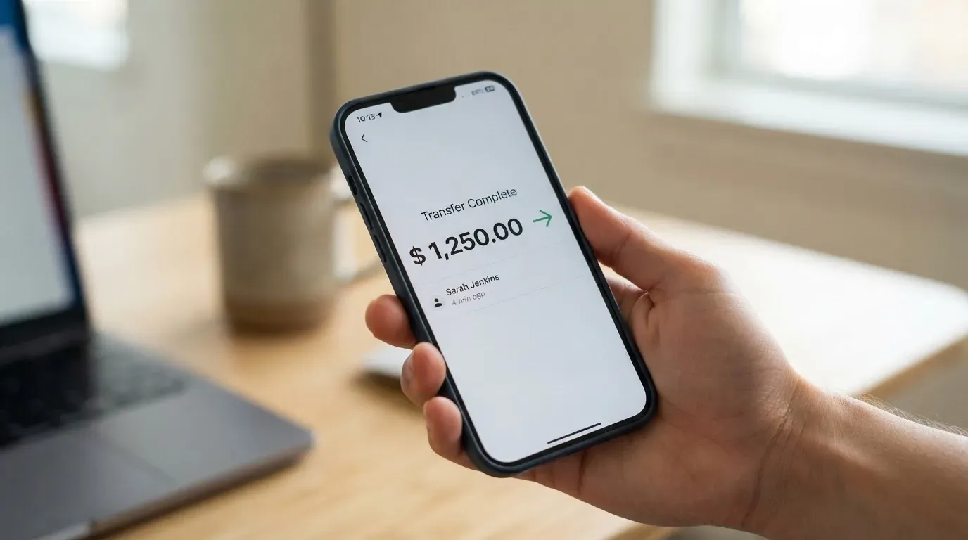 A phone showing a stablecoin transfer screen