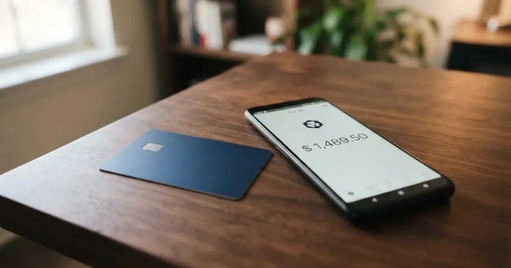 A payment card next to a phone with a crypto wallet app open