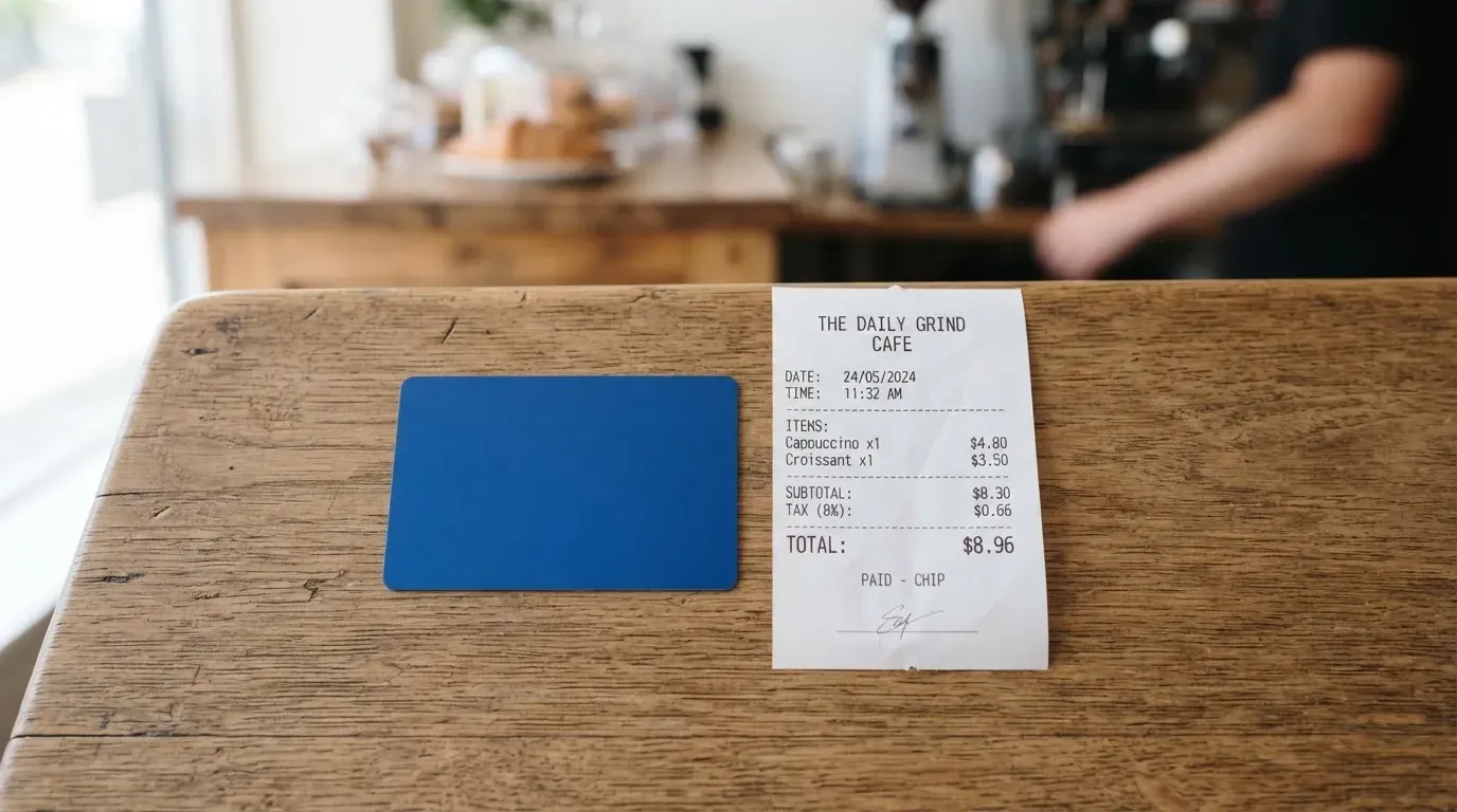 A receipt and a card on a café table