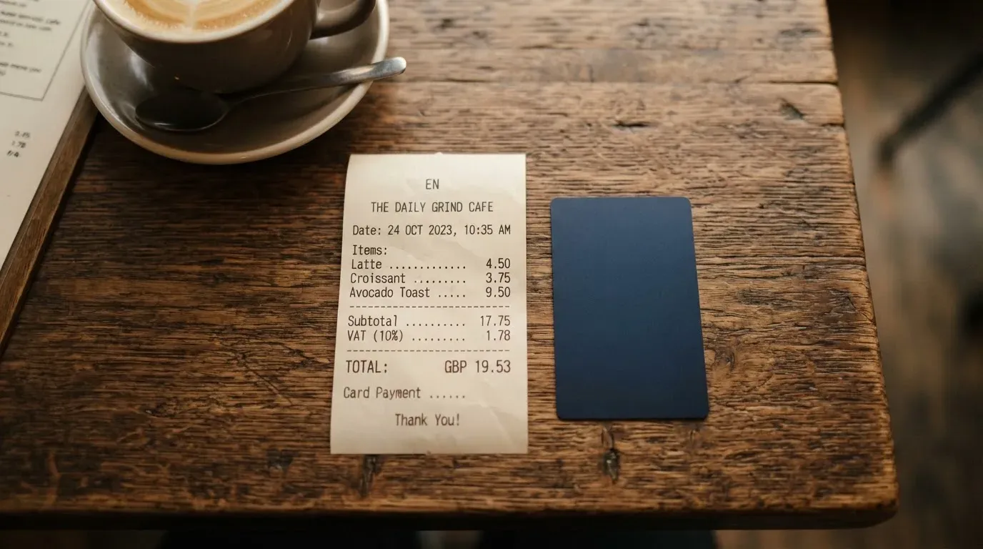 A receipt and a card on a café table