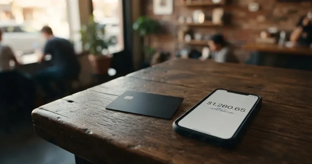 A payment card next to a phone with a crypto wallet app open