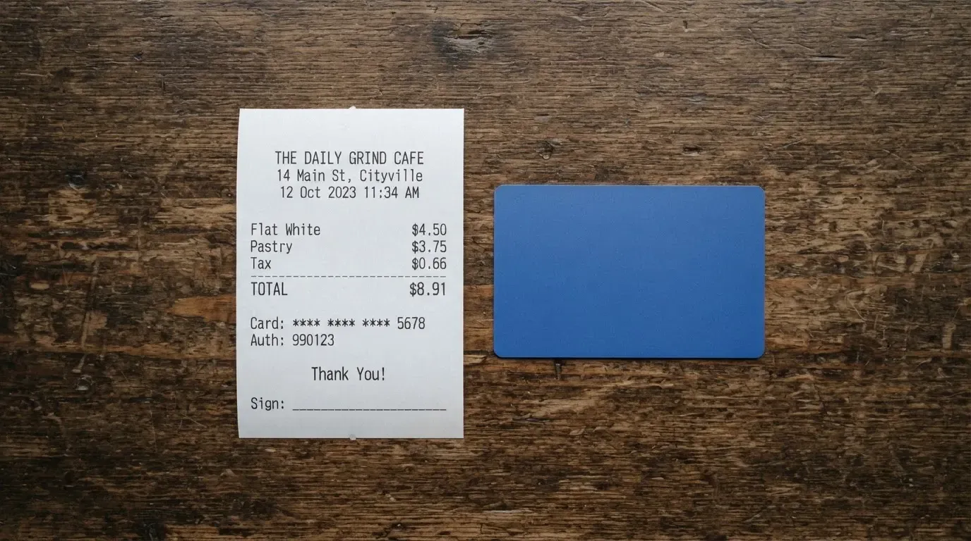 A receipt and a card on a café table