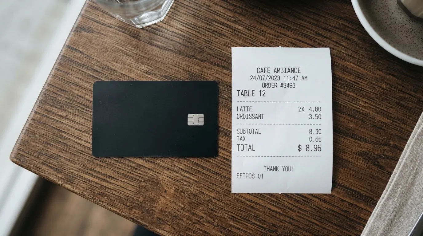A receipt and a card on a café table