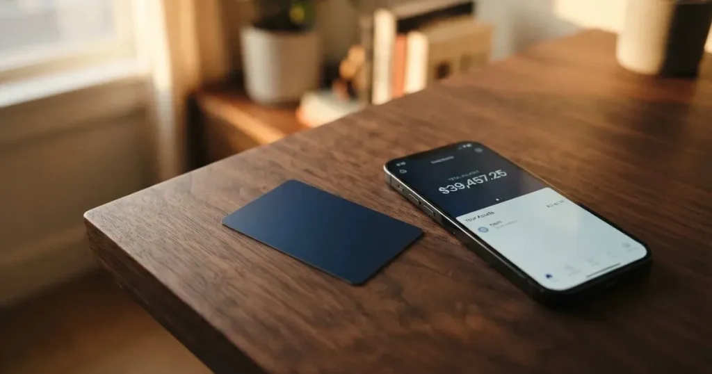 A payment card next to a phone with a crypto wallet app open