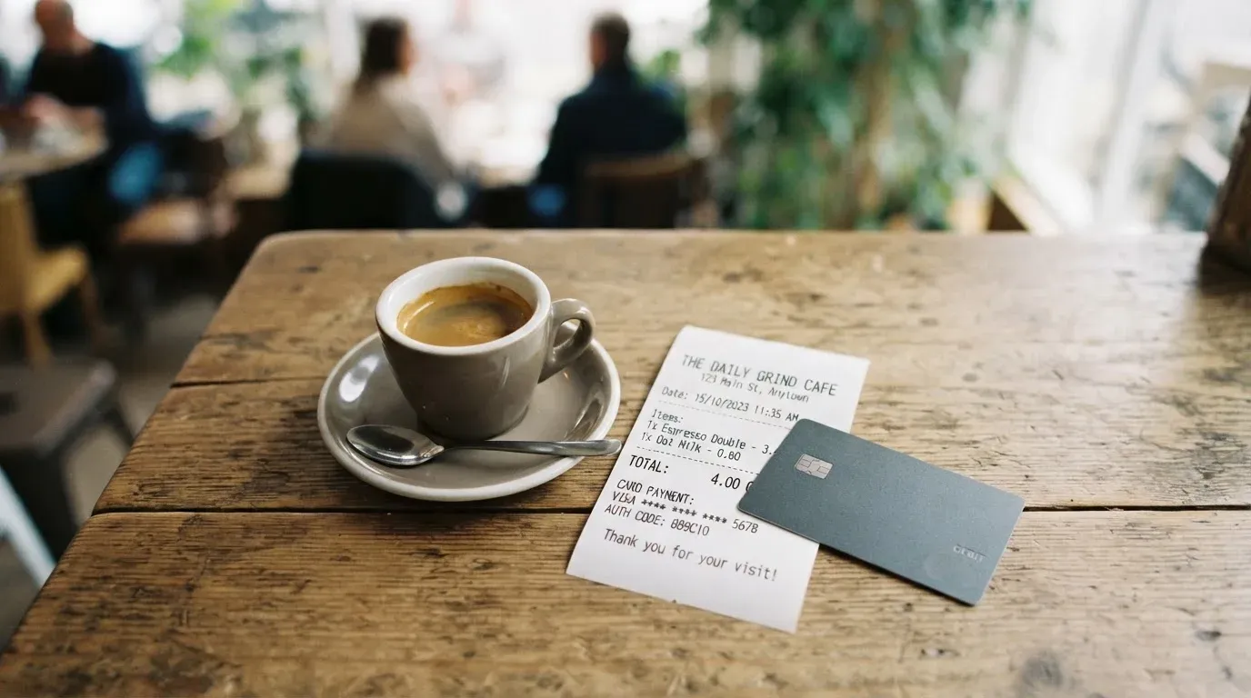 A receipt and a card on a café table