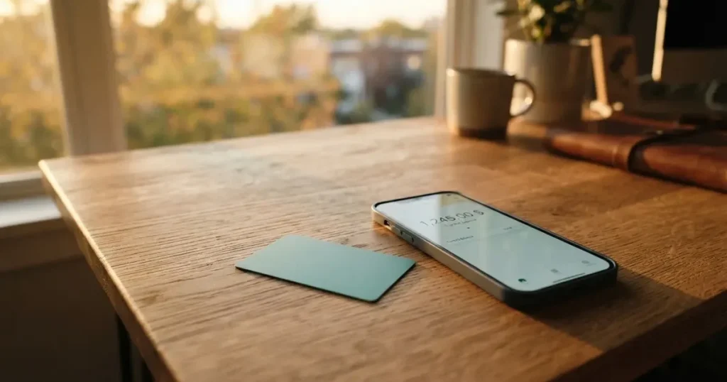 A payment card next to a phone with a crypto wallet app open