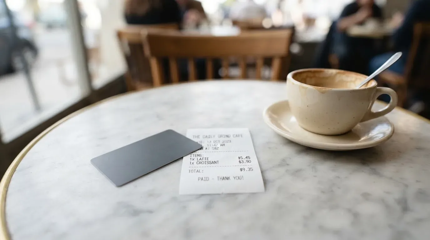 A receipt and a card on a café table