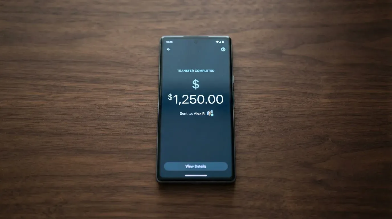 A phone showing a stablecoin transfer screen