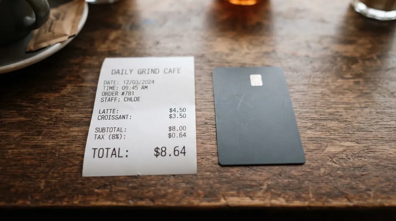 A receipt and a card on a café table