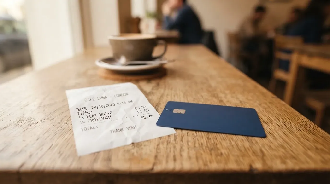 A receipt and a card on a café table