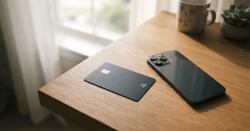 A payment card next to a phone with a crypto wallet app open