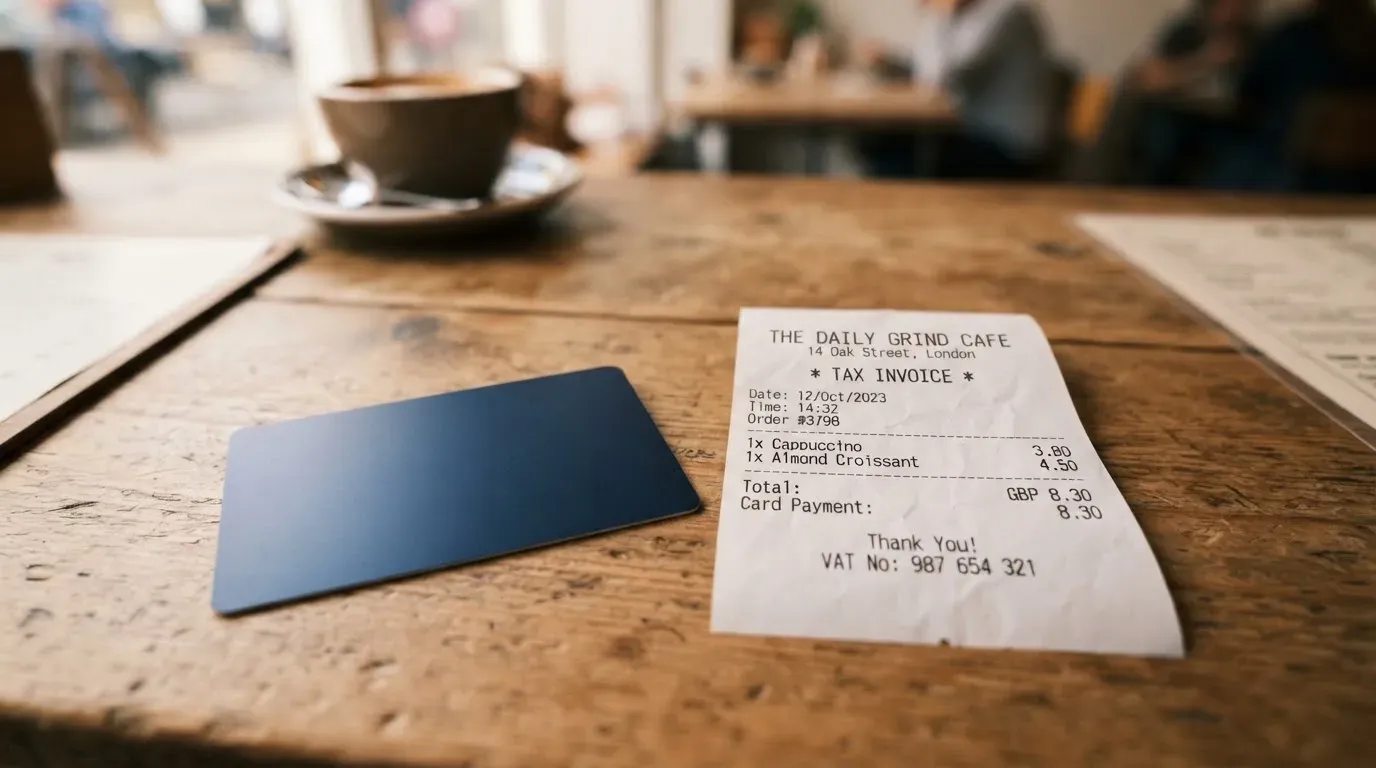 A receipt and a card on a café table