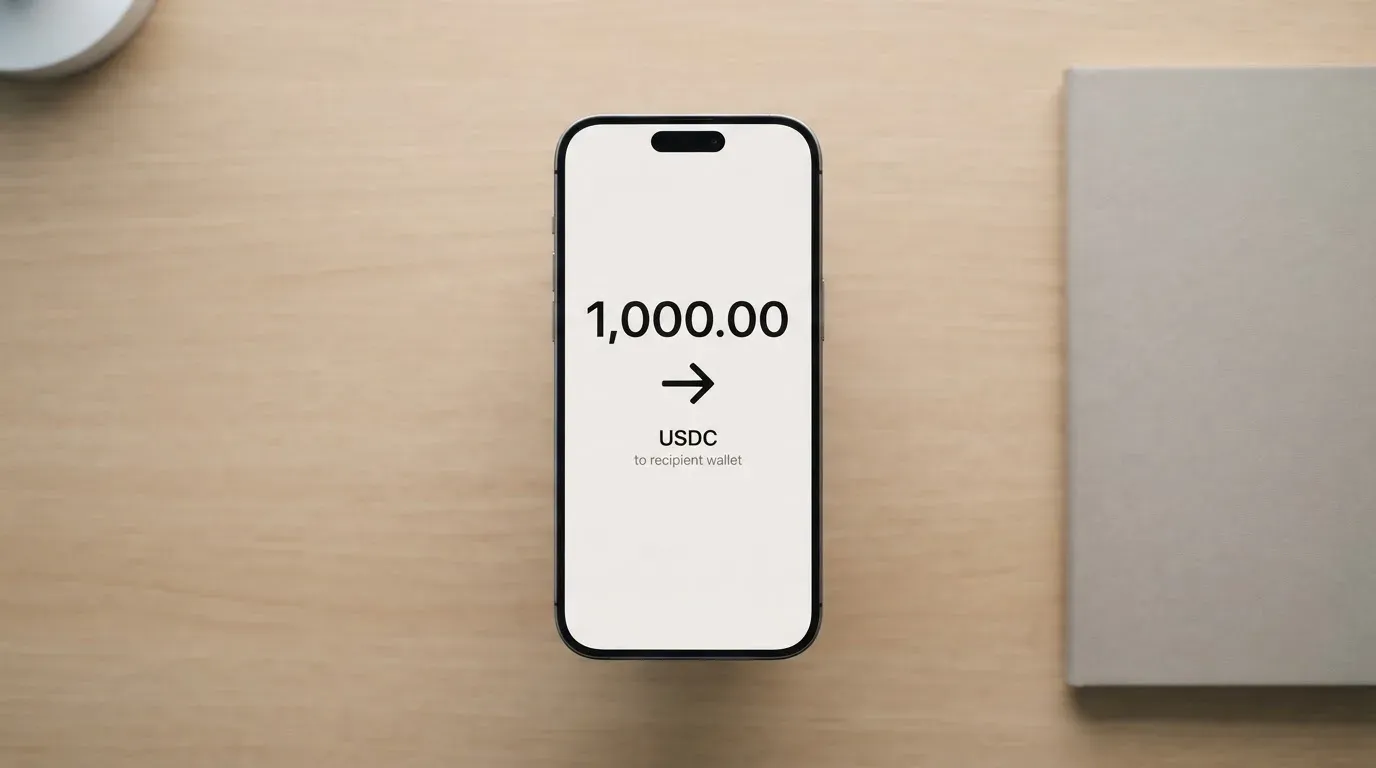A phone showing a stablecoin transfer screen