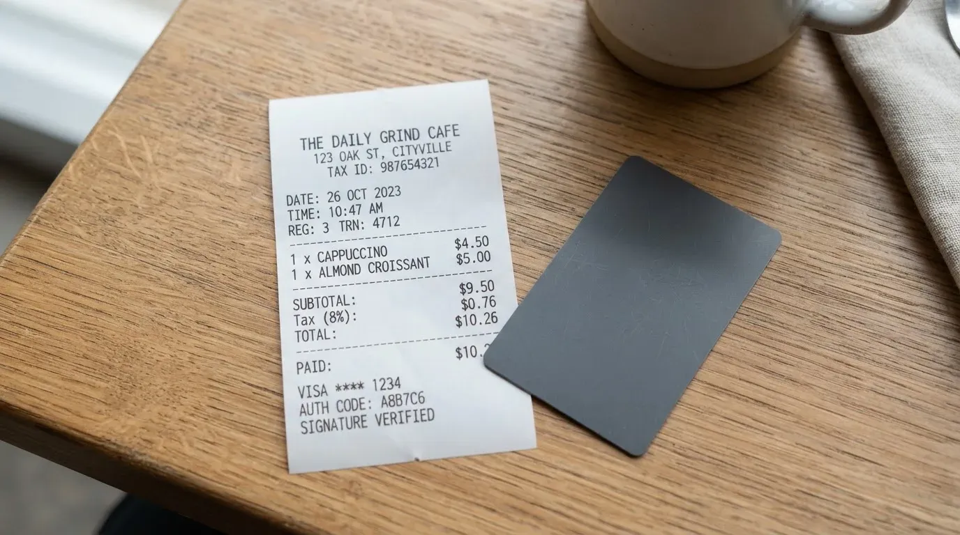 A receipt and a card on a café table