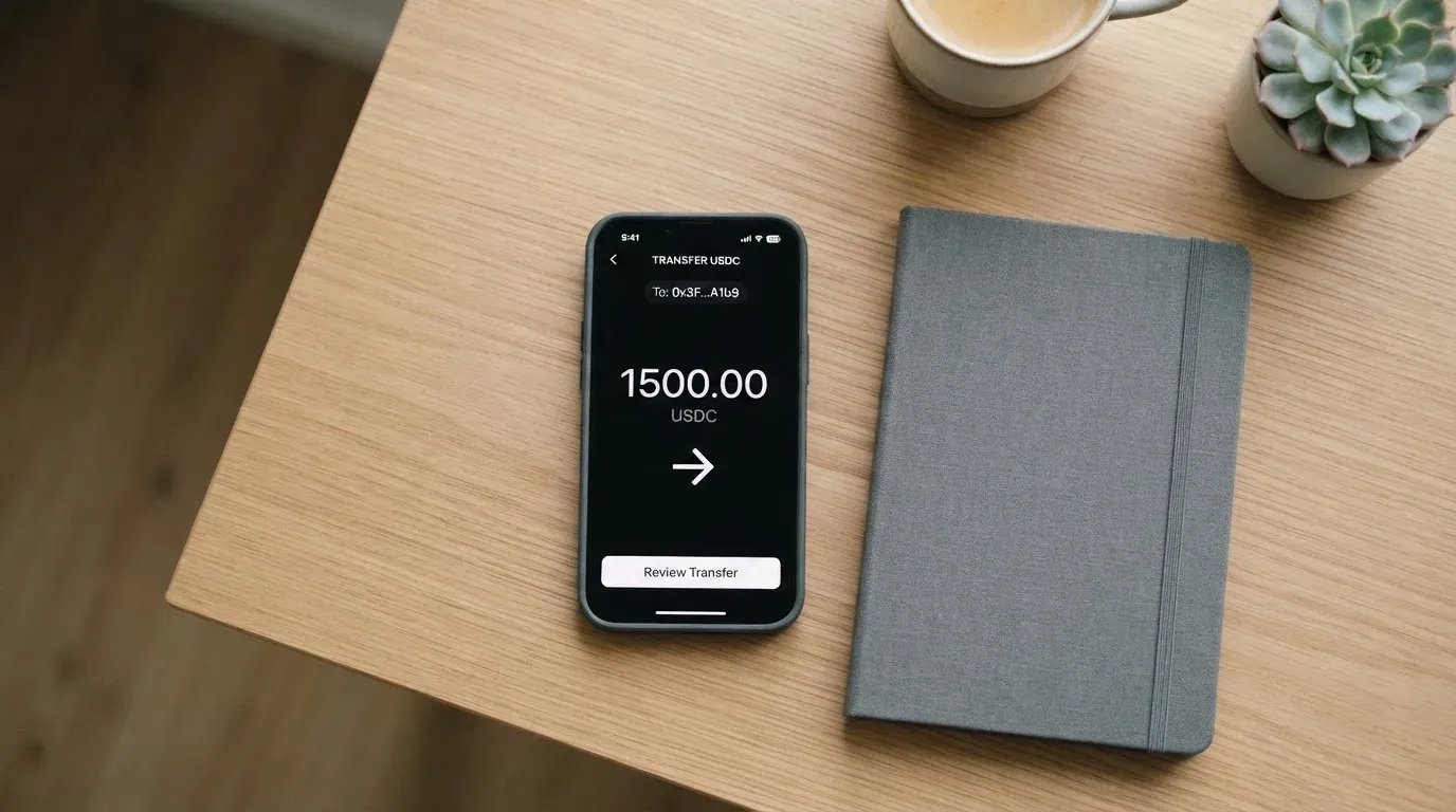 A phone showing a stablecoin transfer screen