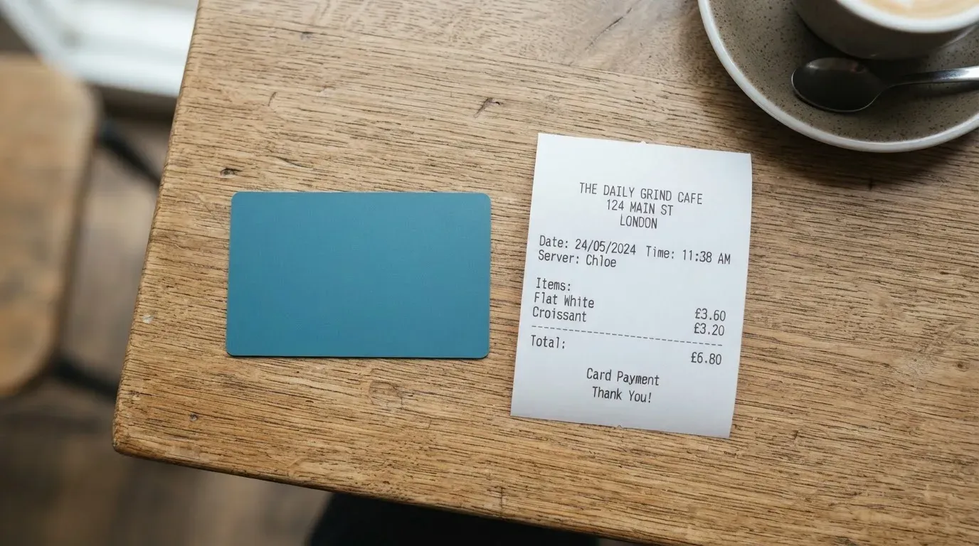 A receipt and a card on a café table