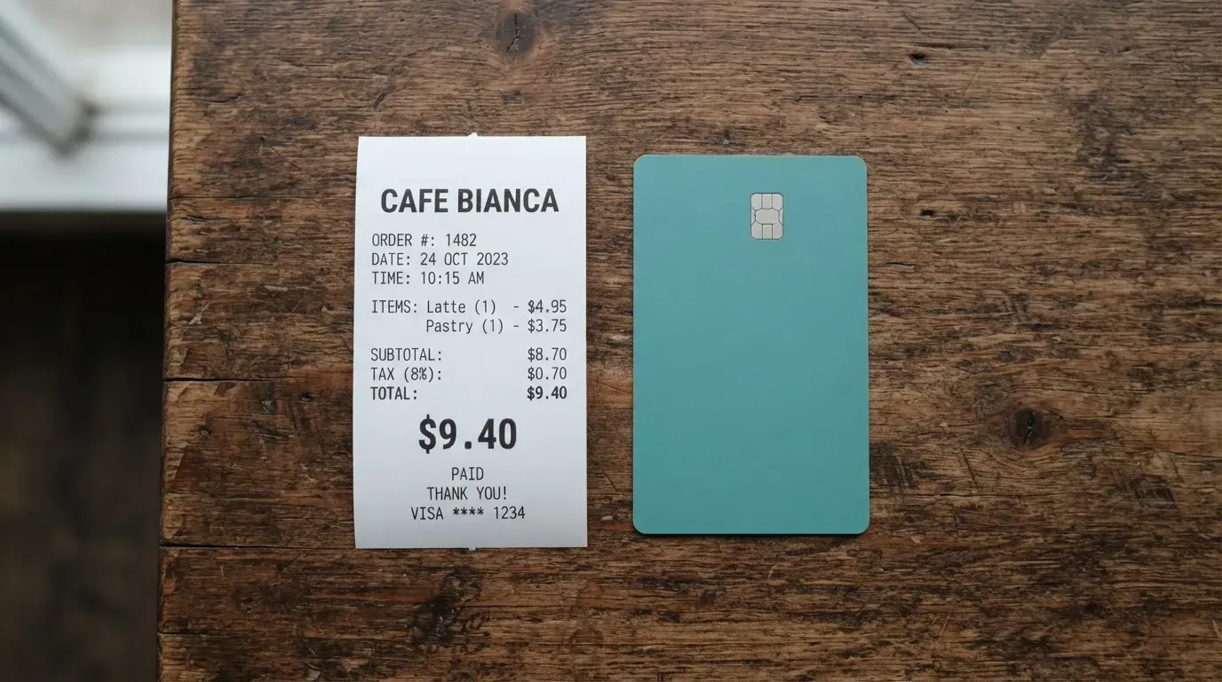 A receipt and a card on a café table