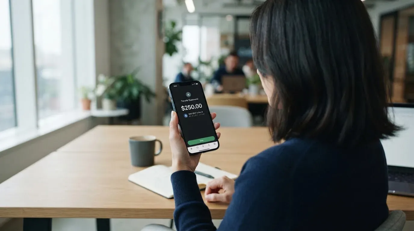 A phone showing a stablecoin transfer screen