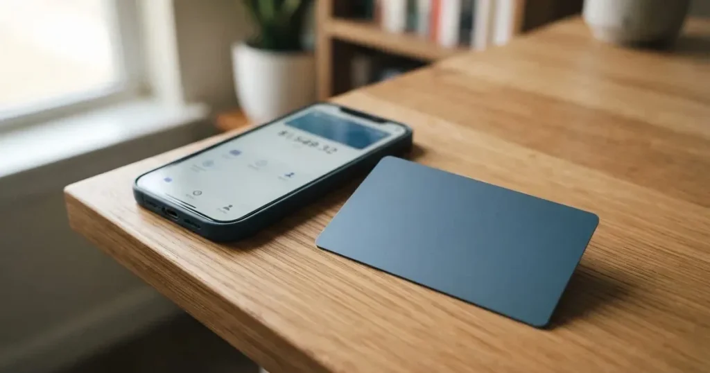 A payment card next to a phone with a crypto wallet app open