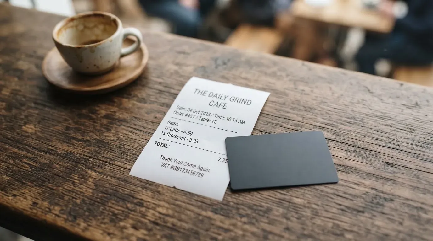 A receipt and a card on a café table
