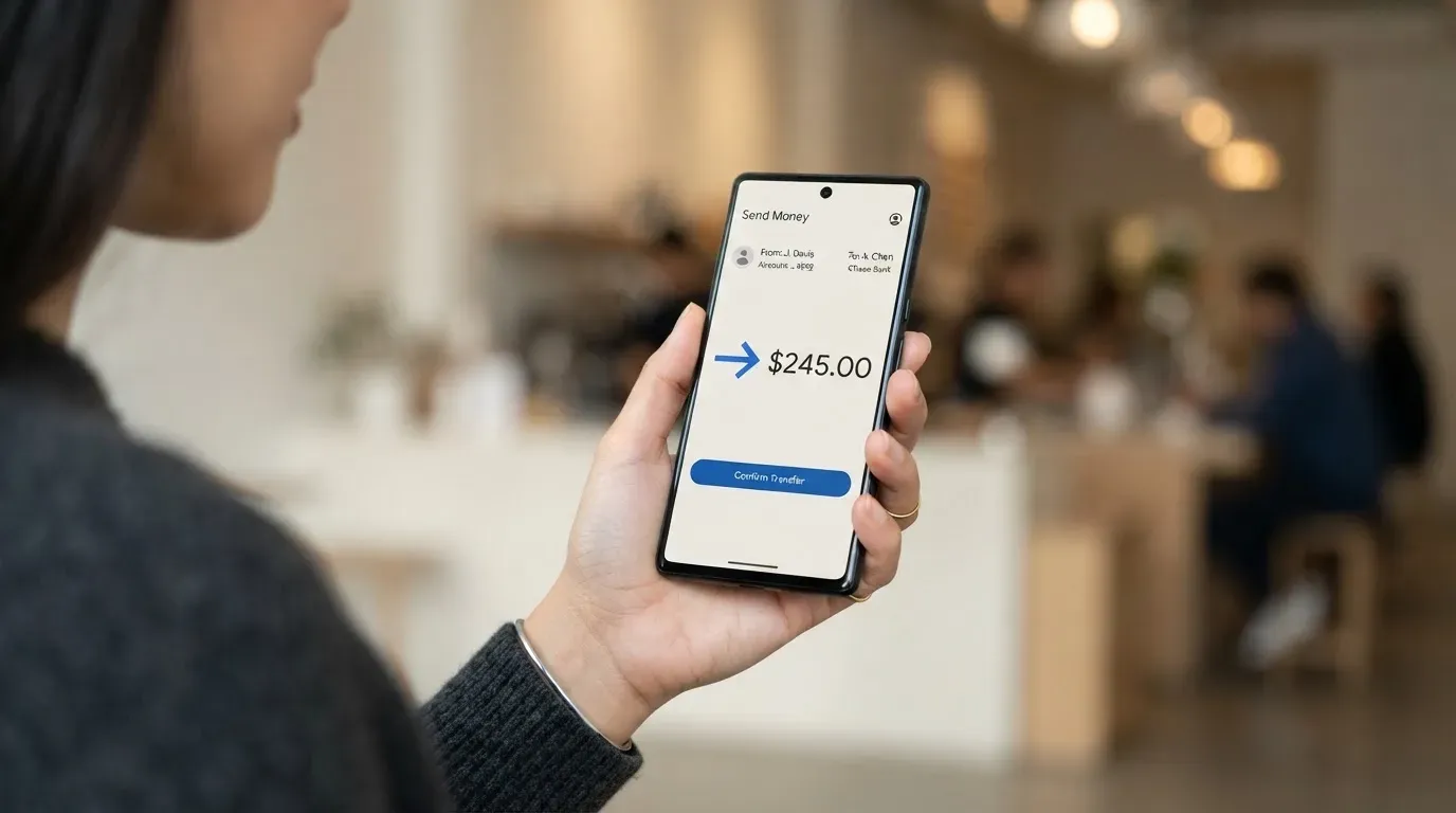A phone showing a stablecoin transfer screen