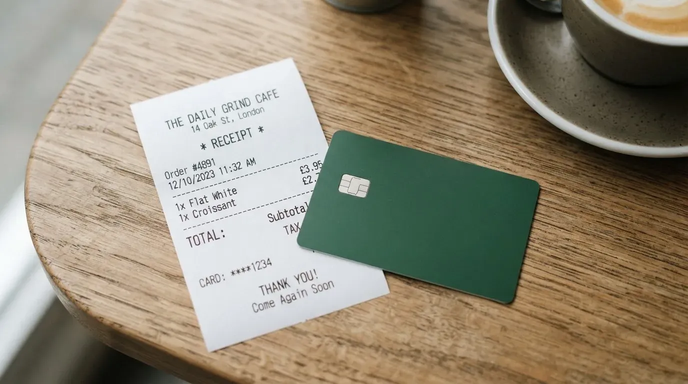 A receipt and a card on a café table