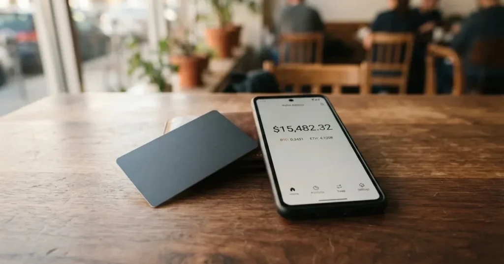 A payment card next to a phone with a crypto wallet app open