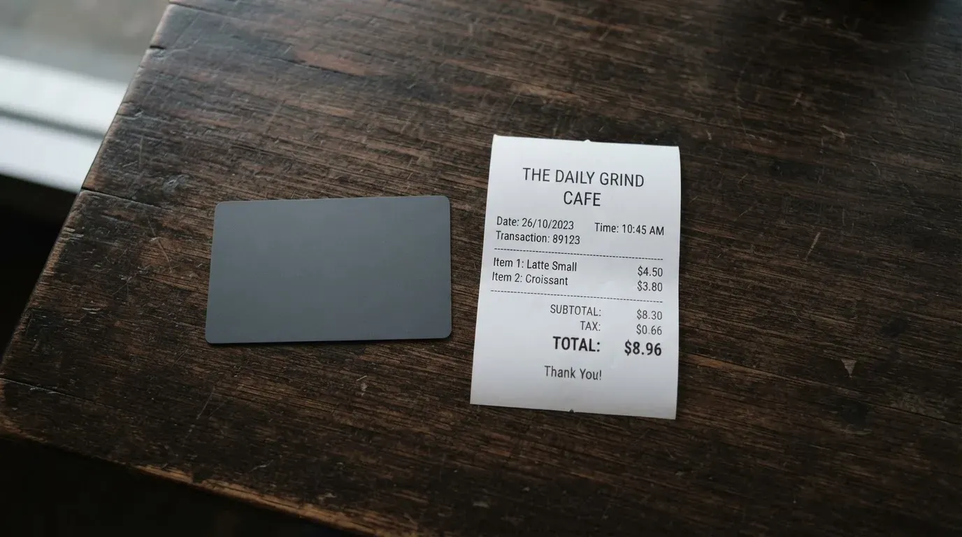 A receipt and a card on a café table