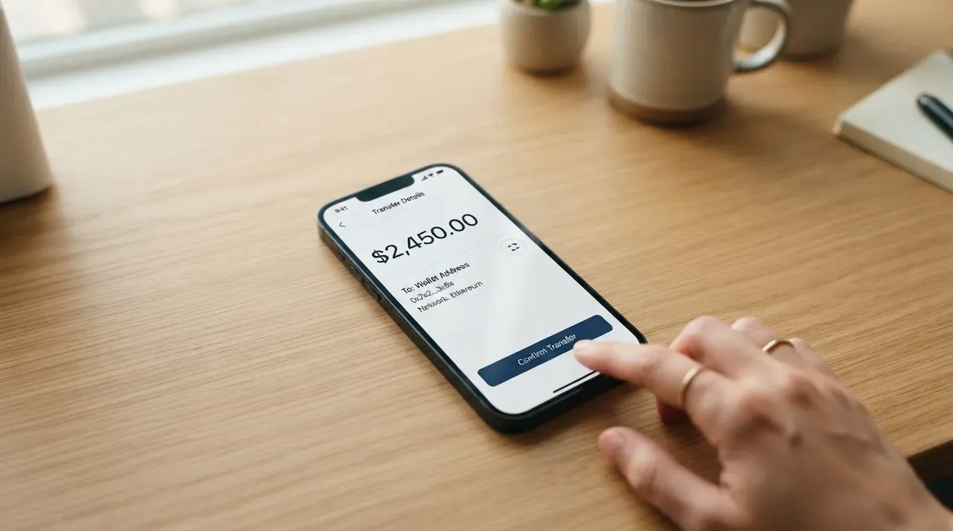 A phone showing a stablecoin transfer screen