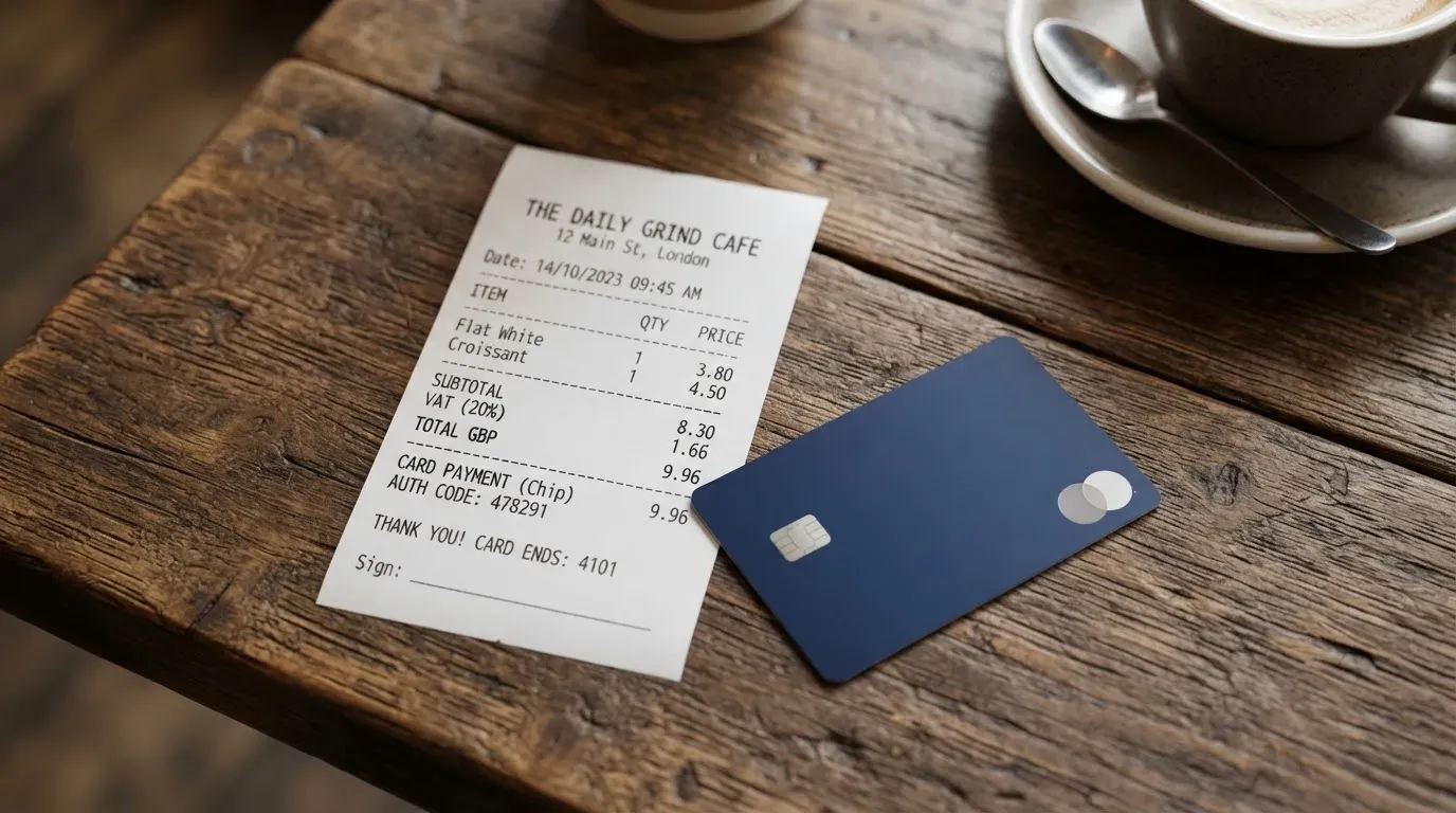A receipt and a card on a café table