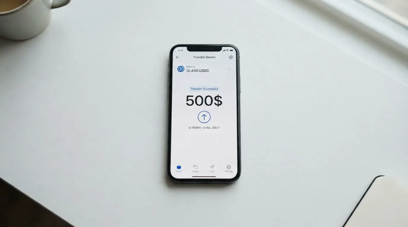 A phone showing a stablecoin transfer screen