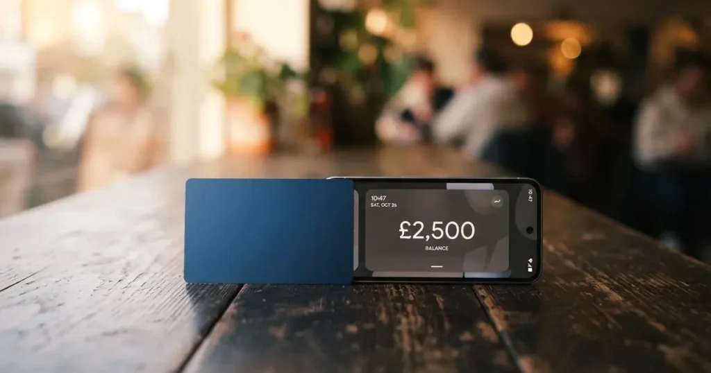 A payment card next to a phone with a crypto wallet app open