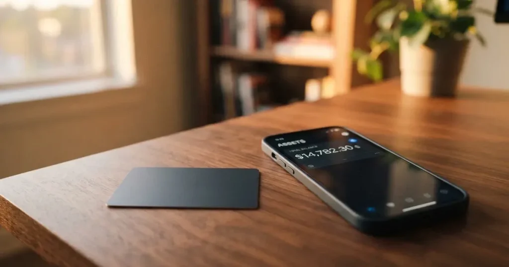 A payment card next to a phone with a crypto wallet app open