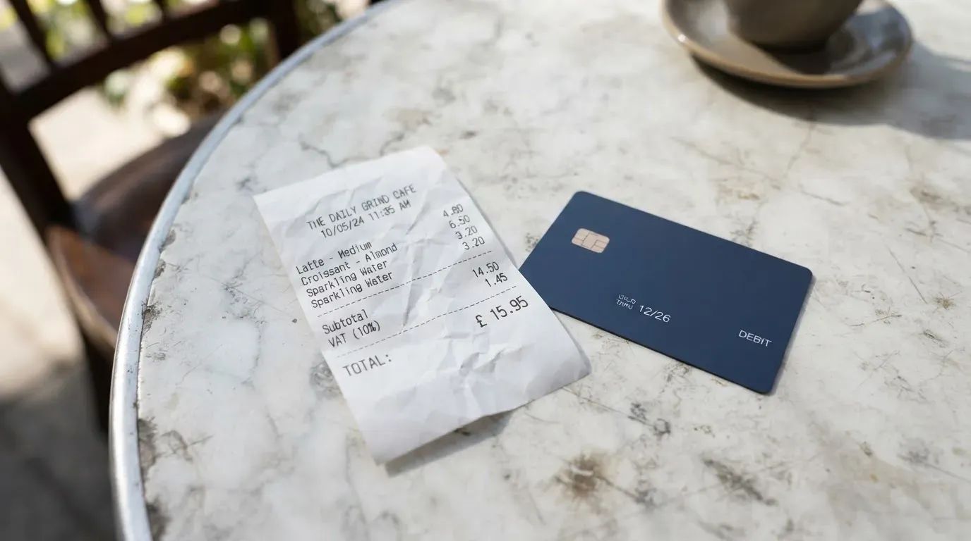 A receipt and a card on a café table