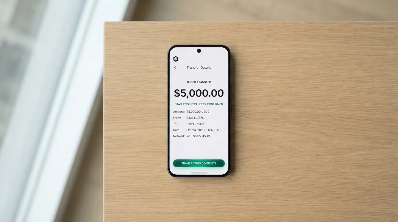 A phone showing a stablecoin transfer screen