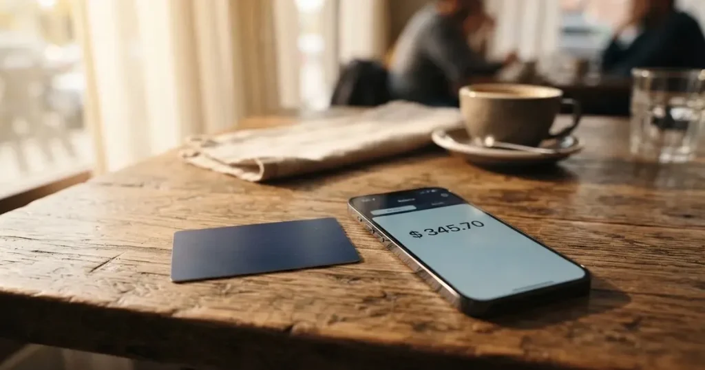 A payment card next to a phone with a crypto wallet app open