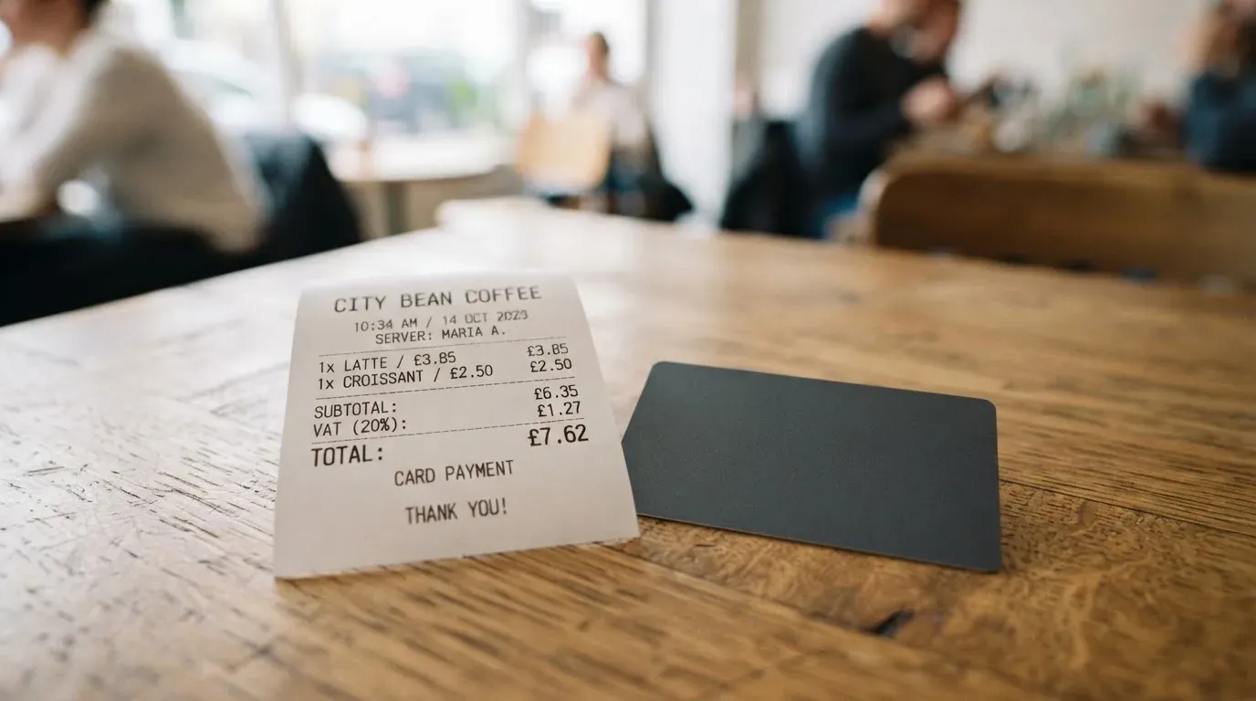 A receipt and a card on a café table