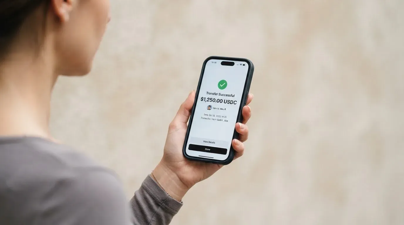 A phone showing a stablecoin transfer screen